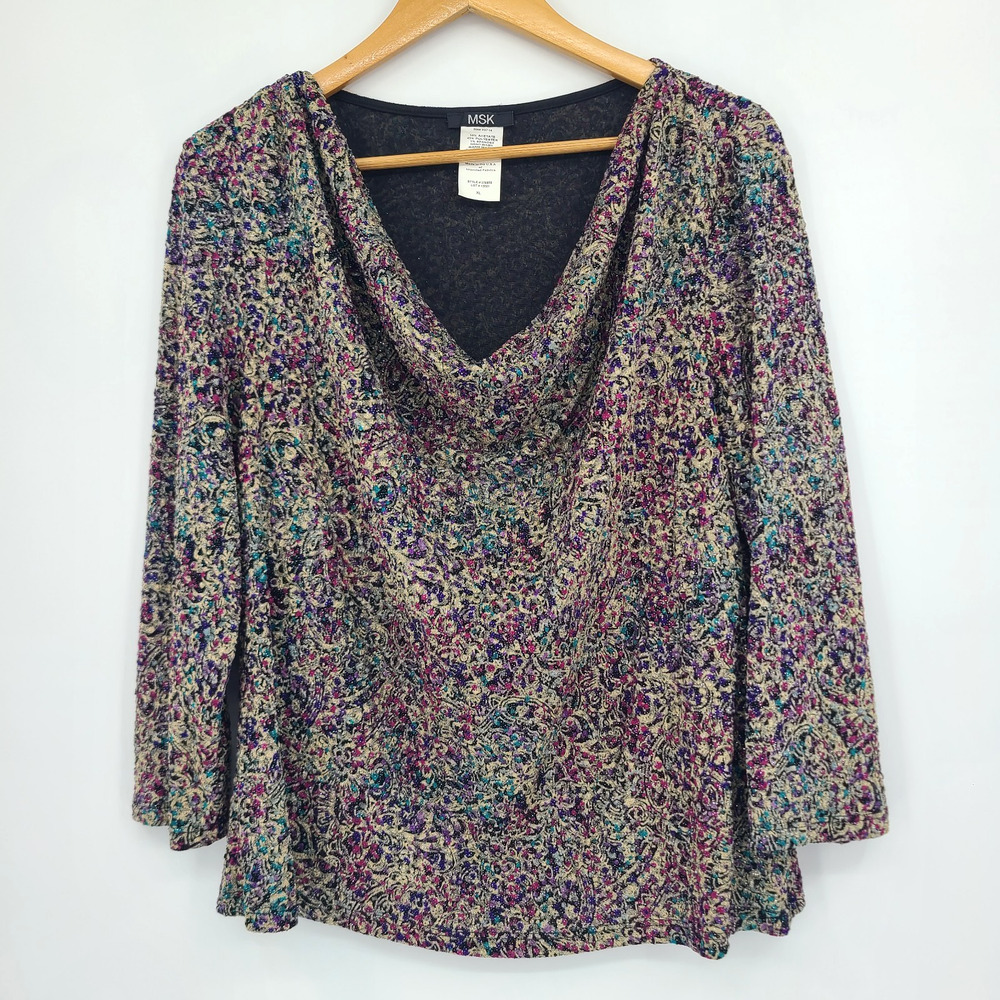 MSK Cowl Neck Colorful Stretchy Top Moody Jewel Tones Vintage Y2K Retro Size XL